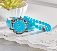 Ecclissi Gemstone Turquoise/Silvertone Leather Watch w/ Stretch Bracelet, Avg
