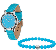 Ecclissi Gemstone Turquoise/Silvertone Leather Watch w/ Stretch Bracelet, Avg