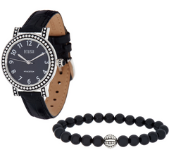 Ecclissi Gemstone Onyx/Silvertone Leather Watch w/ Stretch Bracelet, Avg