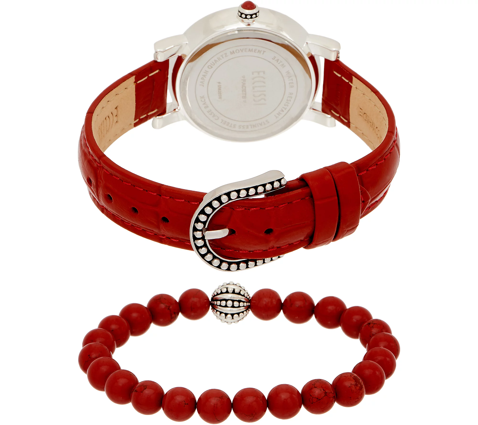 Ecclissi Gemstone Jasper/Silvertone Leather Watch w/ Stretch Bracelet, Large
