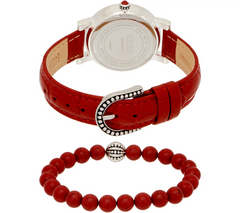 Ecclissi Gemstone Jasper/Silvertone Leather Watch w/ Stretch Bracelet, Large