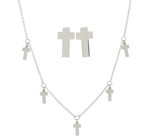 Steel by Design Dangle Bitty Cross Necklace and Stud Earring Set