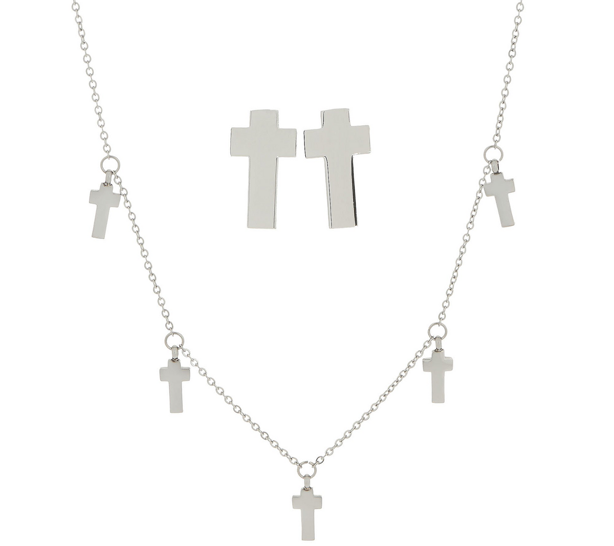 Steel by Design Dangle Bitty Cross Necklace and Stud Earring Set