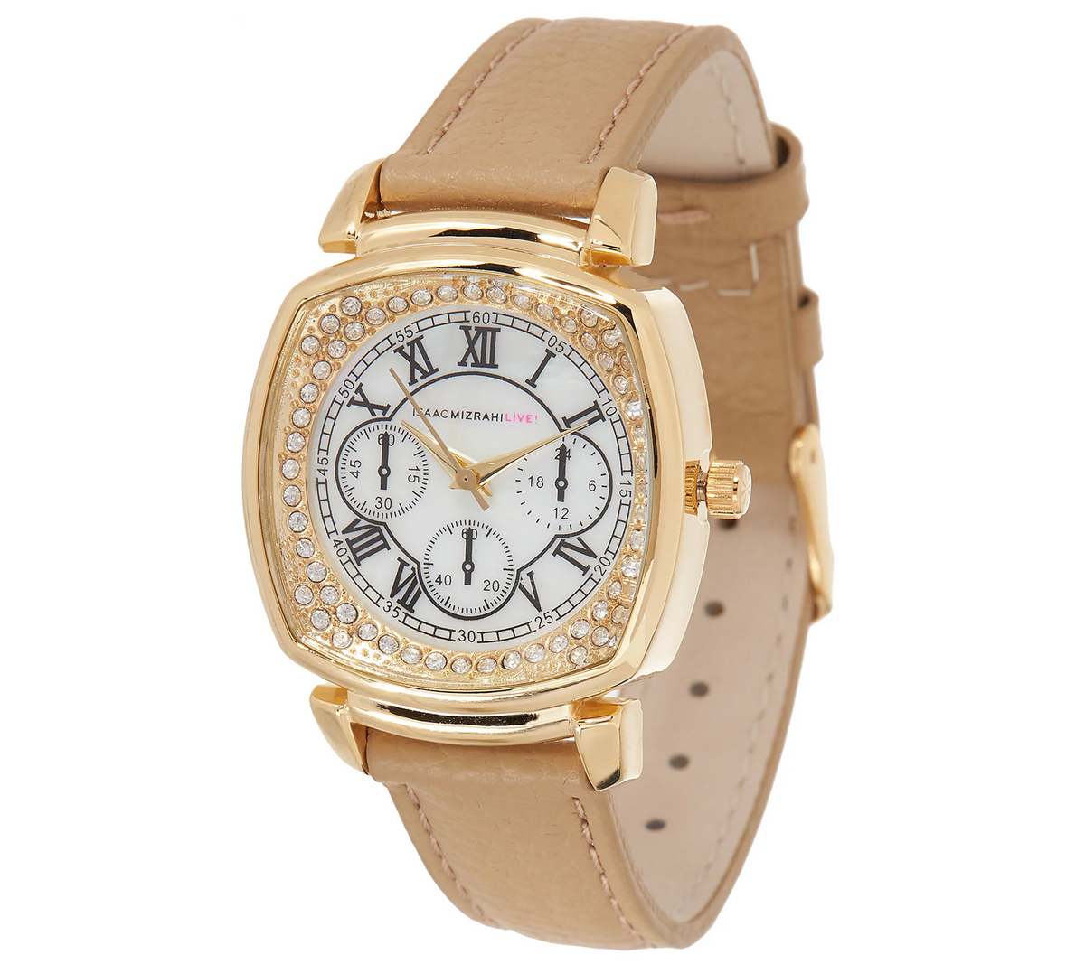 Isaac Mizrahi Live! Gold Tone Cushion Dial Brown Saffiano Leather Strap Watch