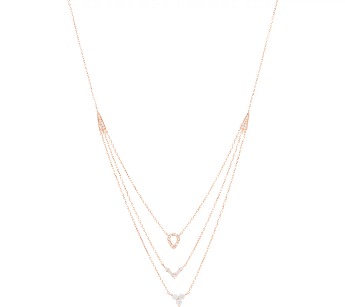 Diamonique Sterling Silver Roseclad Clear CZ Three Row Layered Necklace. 18"