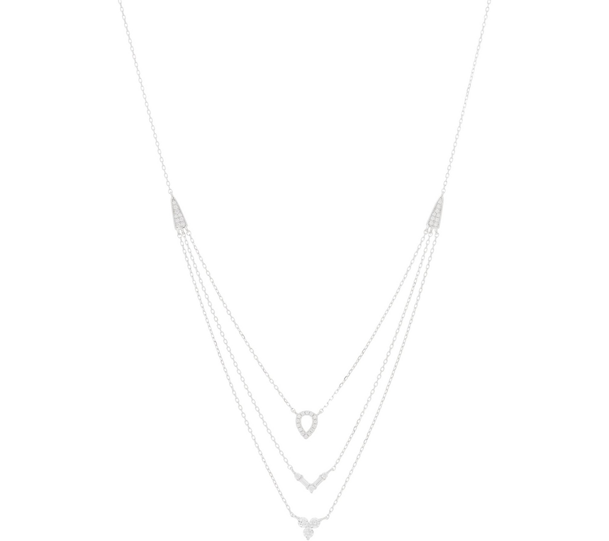 Diamonique Sterling Silver Clear CZ Three Row Layered Necklace. 18"