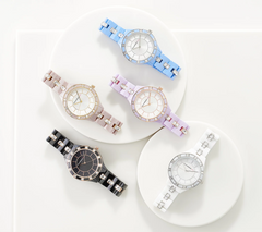 Isaac Mizrahi Live! Taupe Ceramic Crystal Link Round Dial Watch X-Large