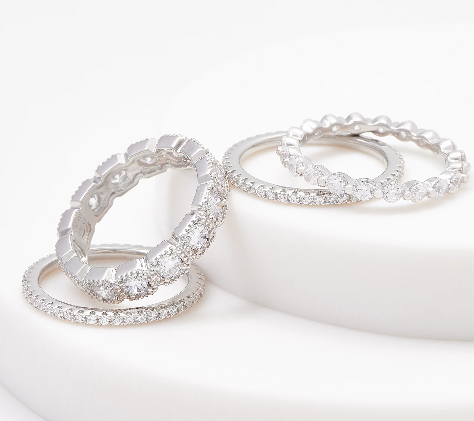Diamonique Sterling Silver Set of Four Mixed Eternity Band Rings Size 9