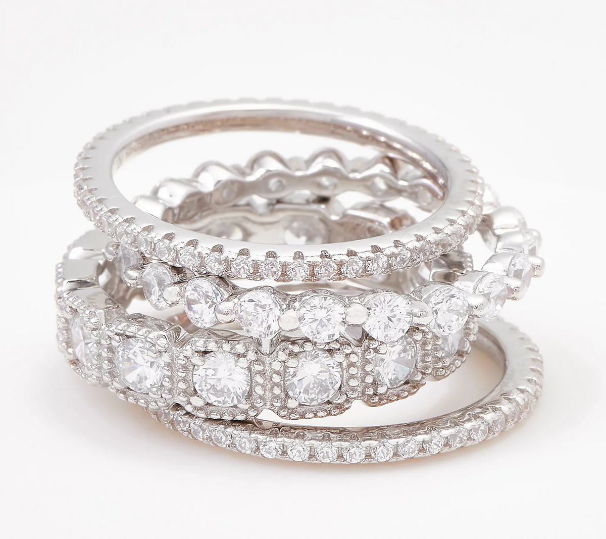 Diamonique Sterling Silver Set of Four Mixed Eternity Band Rings Size 9