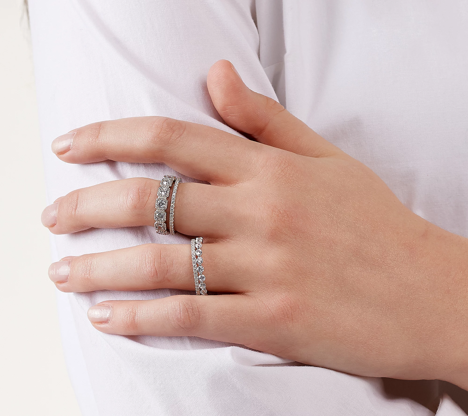 Diamonique Sterling Silver Set of Four Mixed Eternity Band Rings Size 9