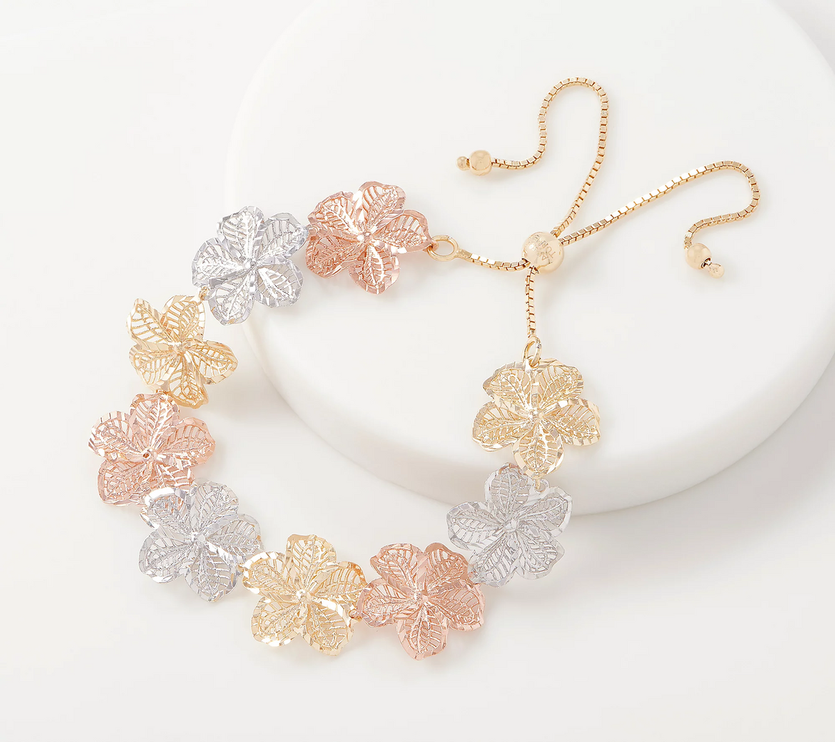 Sterling Silver Tri-Color Adjustable Floral Bracelet by Silver Style