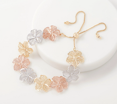 Sterling Silver Tri-Color Adjustable Floral Bracelet by Silver Style