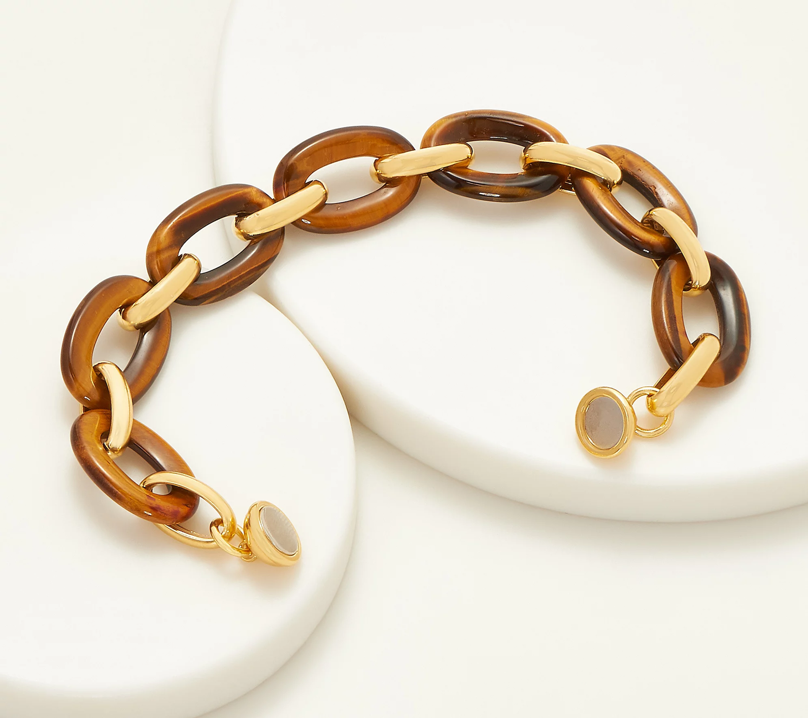 Italian Silver Goldclad Tigers Eye Oval Gemstone Link Bracelet w/ Magnetic Clasp, Avg