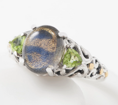 Anillo de plata de ley con tres piedras de labradorita y peridoto, elaborado artesanalmente, talla 8