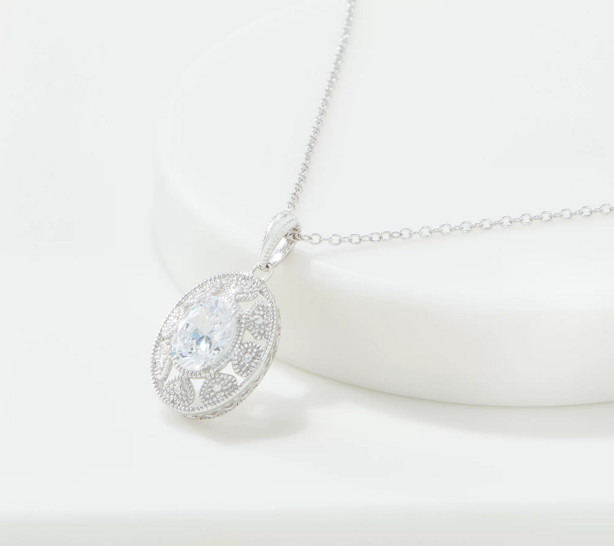 Diamonique Vintage-Style Oval Pendant with Chain, Sterling Silver