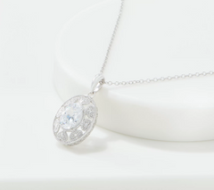 Diamonique Vintage-Style Oval Pendant with Chain, Sterling Silver
