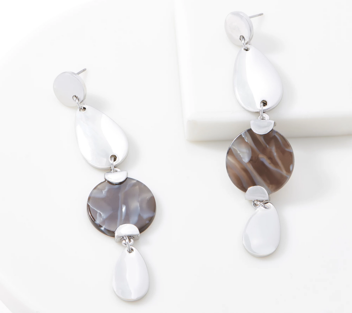 Susan Graver Silver Tone Round and Teardrop Dangle Earrings