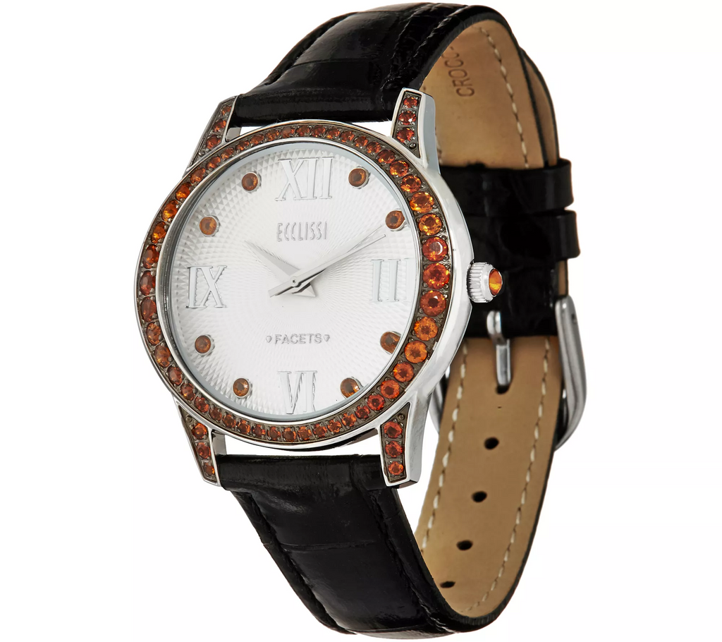 Ecclissi Facets Stainless Citrine Gemstone & Leather Watch 