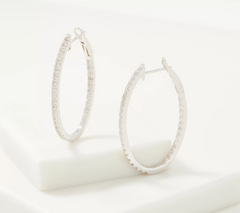 Gemstone White Topaz Inside Out Oval Silver Hoop Earrings