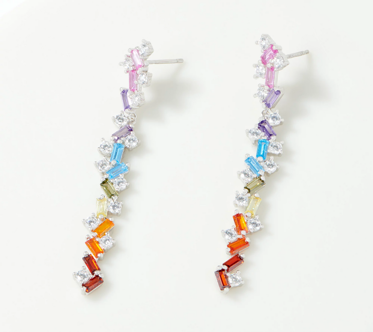 Diamonique Sterling Silver Rainbow Scattered Baguette Earrings