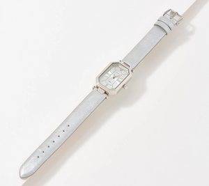 Isaac Mizrahi Live! Metallic Silver Leather Strap Octagon Watch