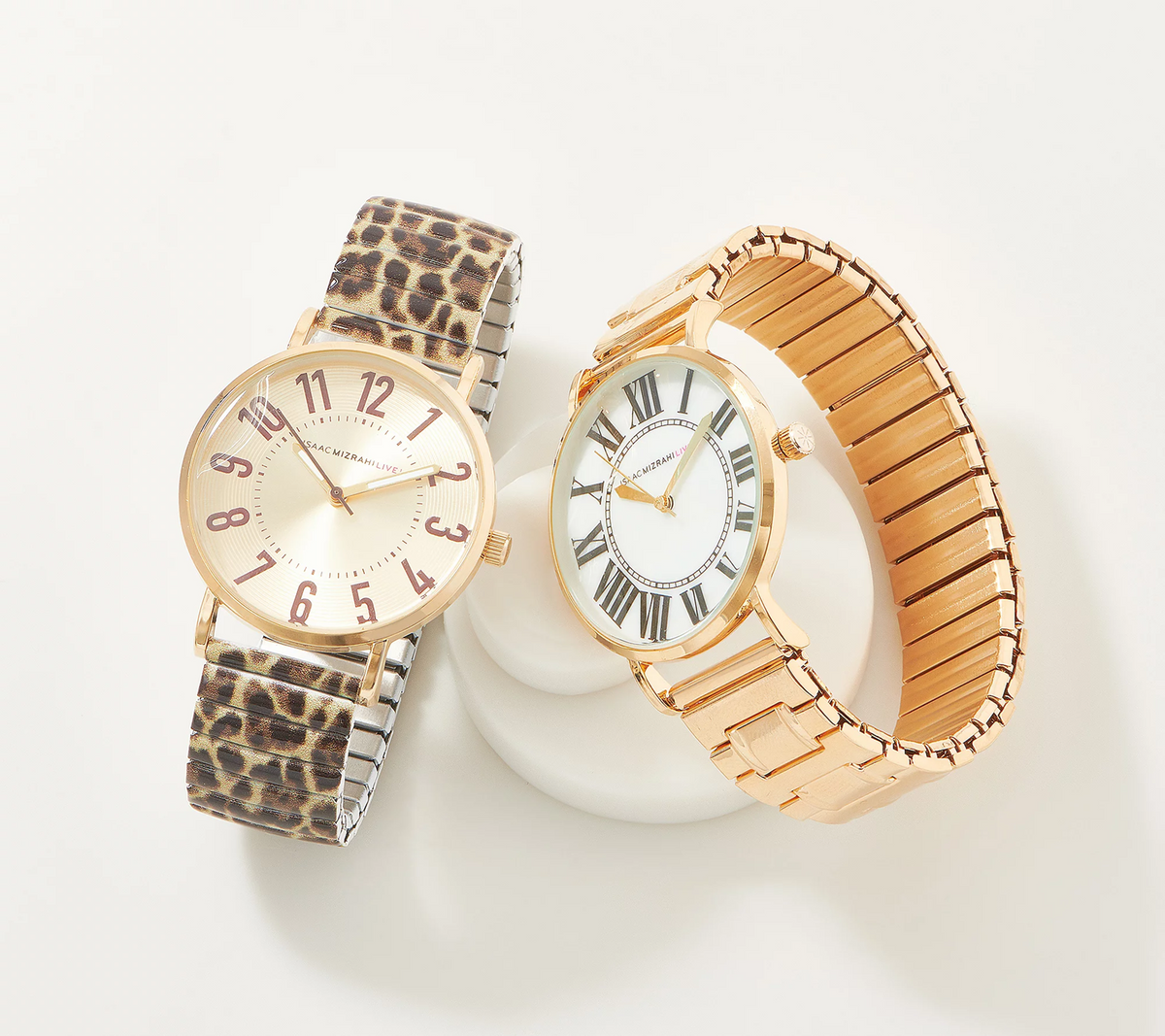 Isaac Mizrahi Live! Set of 2 Leopard Printed & Goldtone Metal Expansion Watches Avg