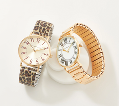 Isaac Mizrahi Live! Set of 2 Leopard Printed & Goldtone Metal Expansion Watches Avg