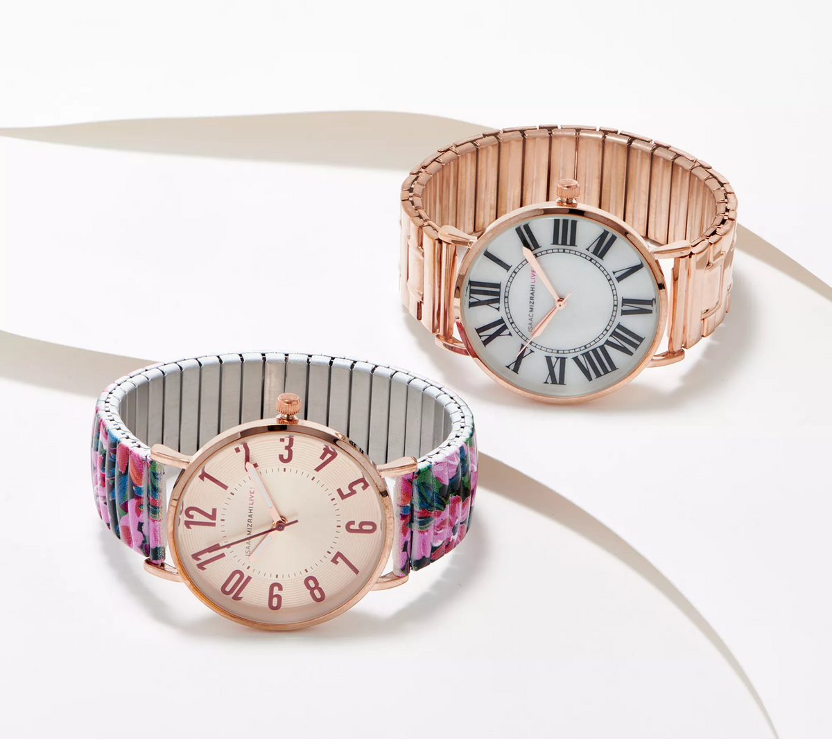 Isaac Mizrahi Live! Set of 2 Multi Color Printed & Goldtone Metal Expansion Watches Large