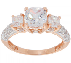 Diamonique Three Stone Cushion Cut Rose-Over Sterling Silver Rin, Size 6