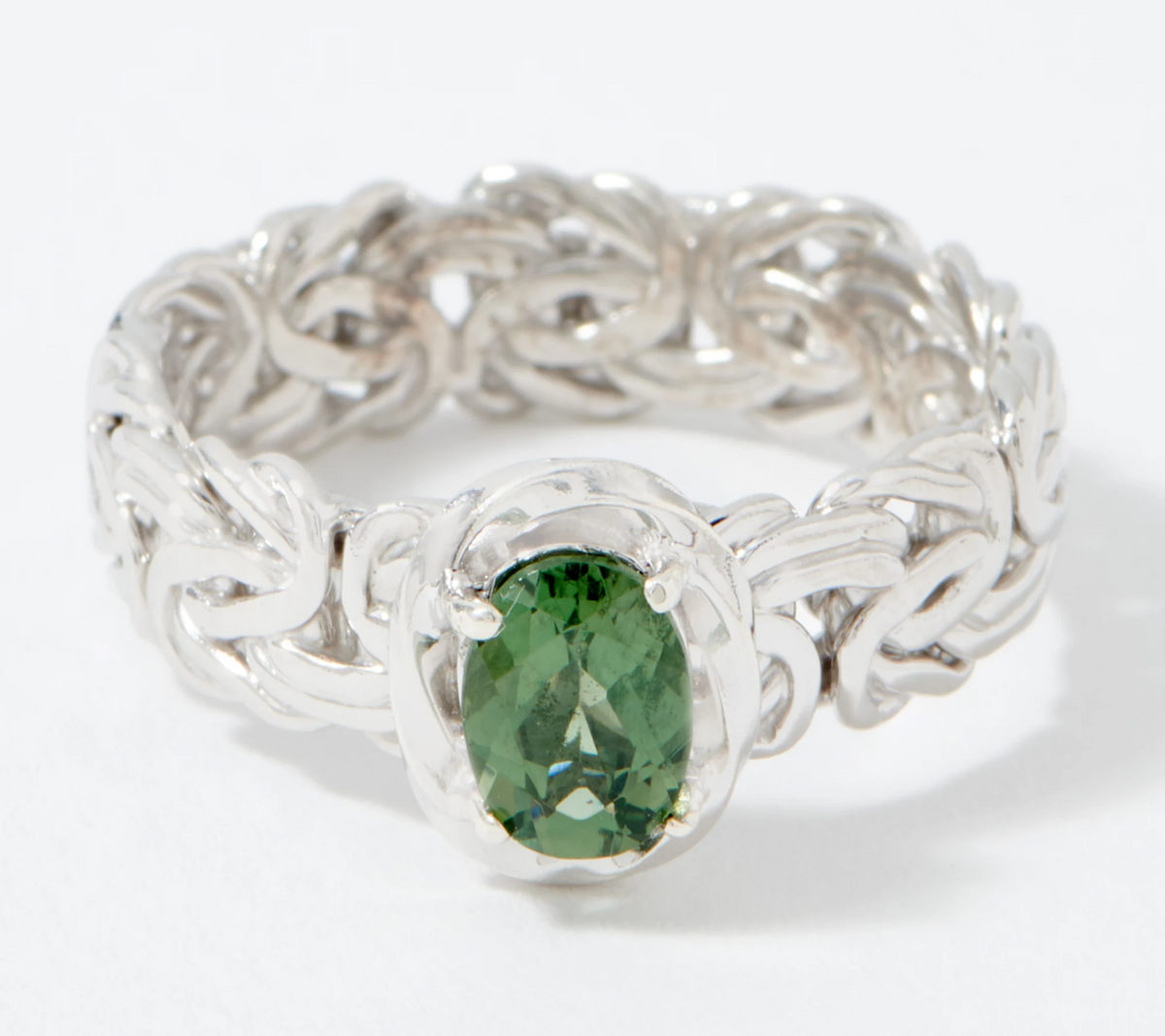 Sterling Silver Rhodium Plated Byzantine Exotic Green Apatite Gemstone Ring, Size 8
