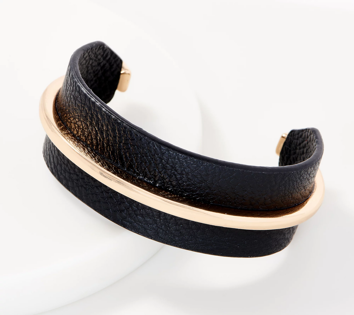 Susan Graver Black / Gold Faux Leather and Metal Cuff Bracelet Avg