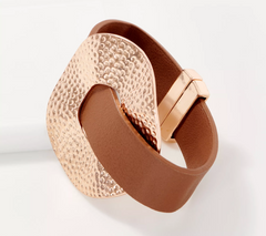 Susan Graver Cognac/ Goldtone Faux Leather Band Bracelet with Hammered Disc Avg