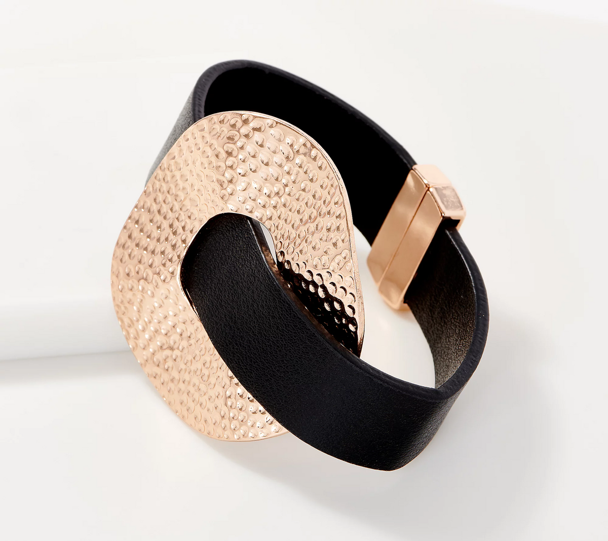 Susan Graver Black/ Goldtone Faux Leather Band Bracelet with Hammered Disc Avg