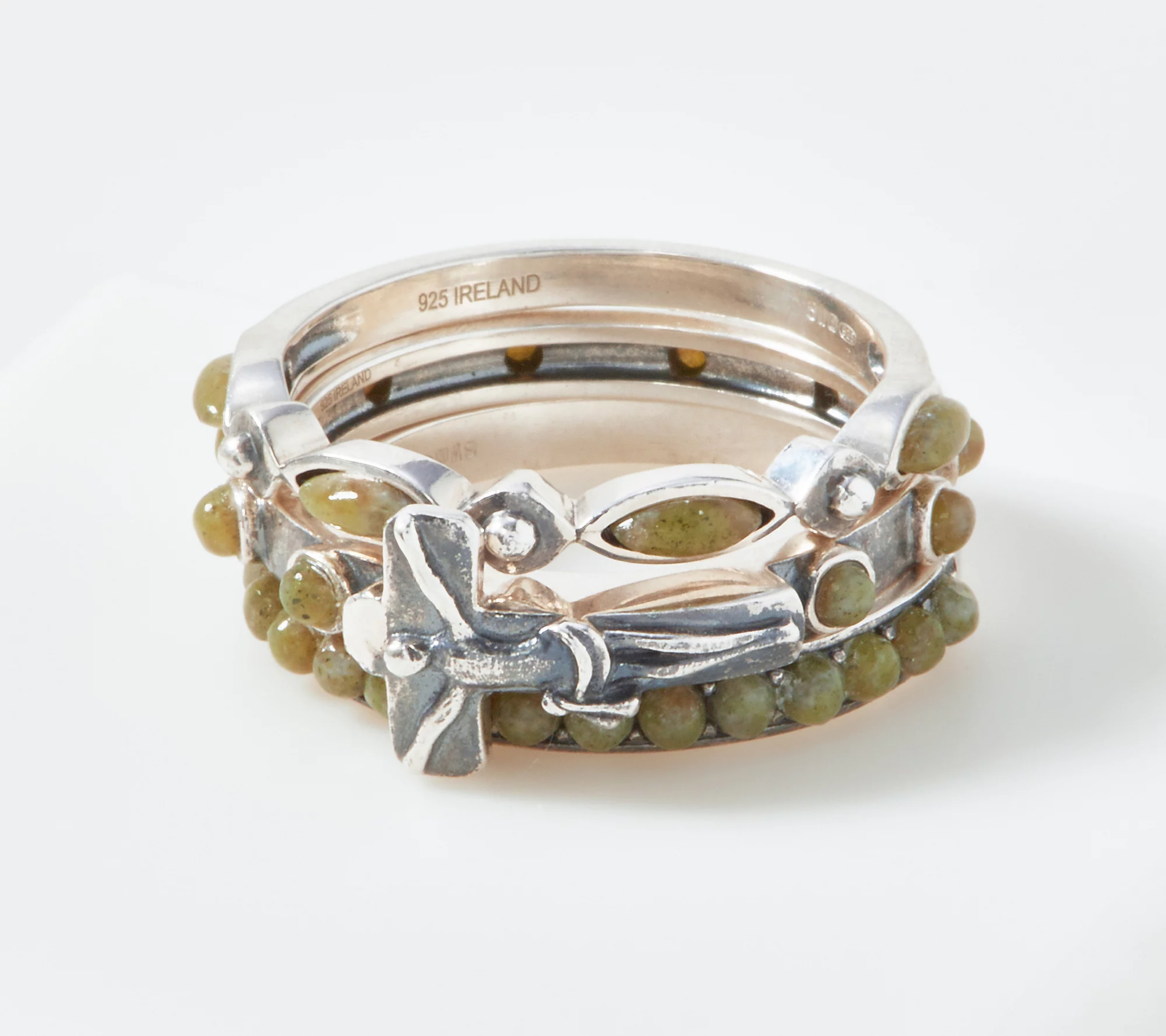 Connemara Marble Green Set of 3 Sterling Silver Rings, Size 6