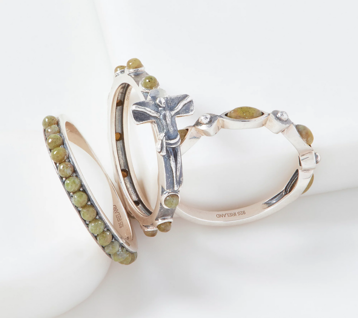 Connemara Marble Green Set of 3 Sterling Silver Rings, Size 6
