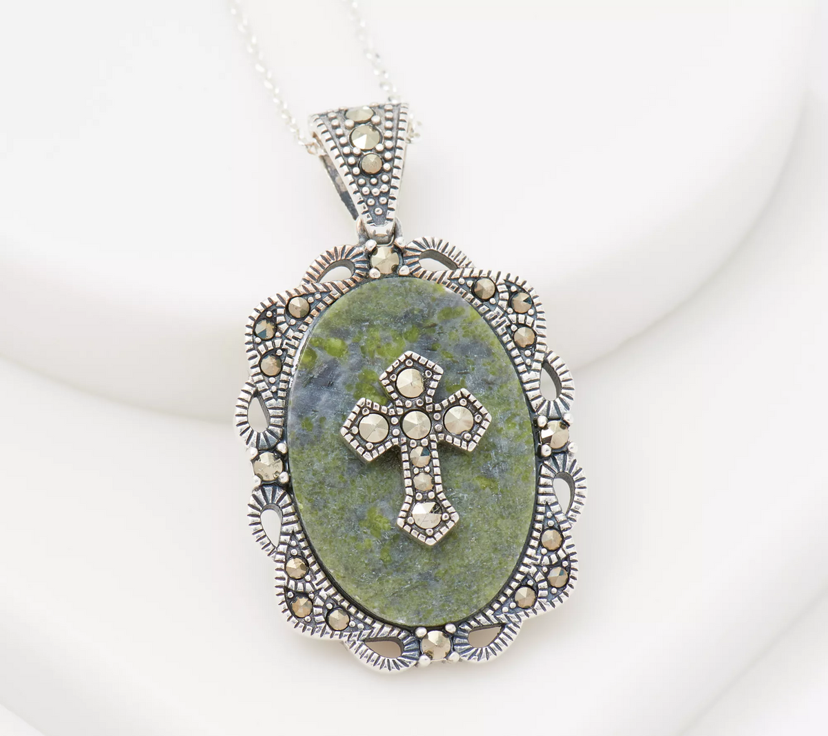 Connemara Marble Shamrock Pendant with Celtic Cross 18"