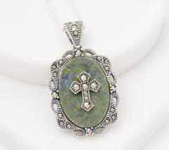 Connemara Marble Shamrock Pendant with Celtic Cross 18"