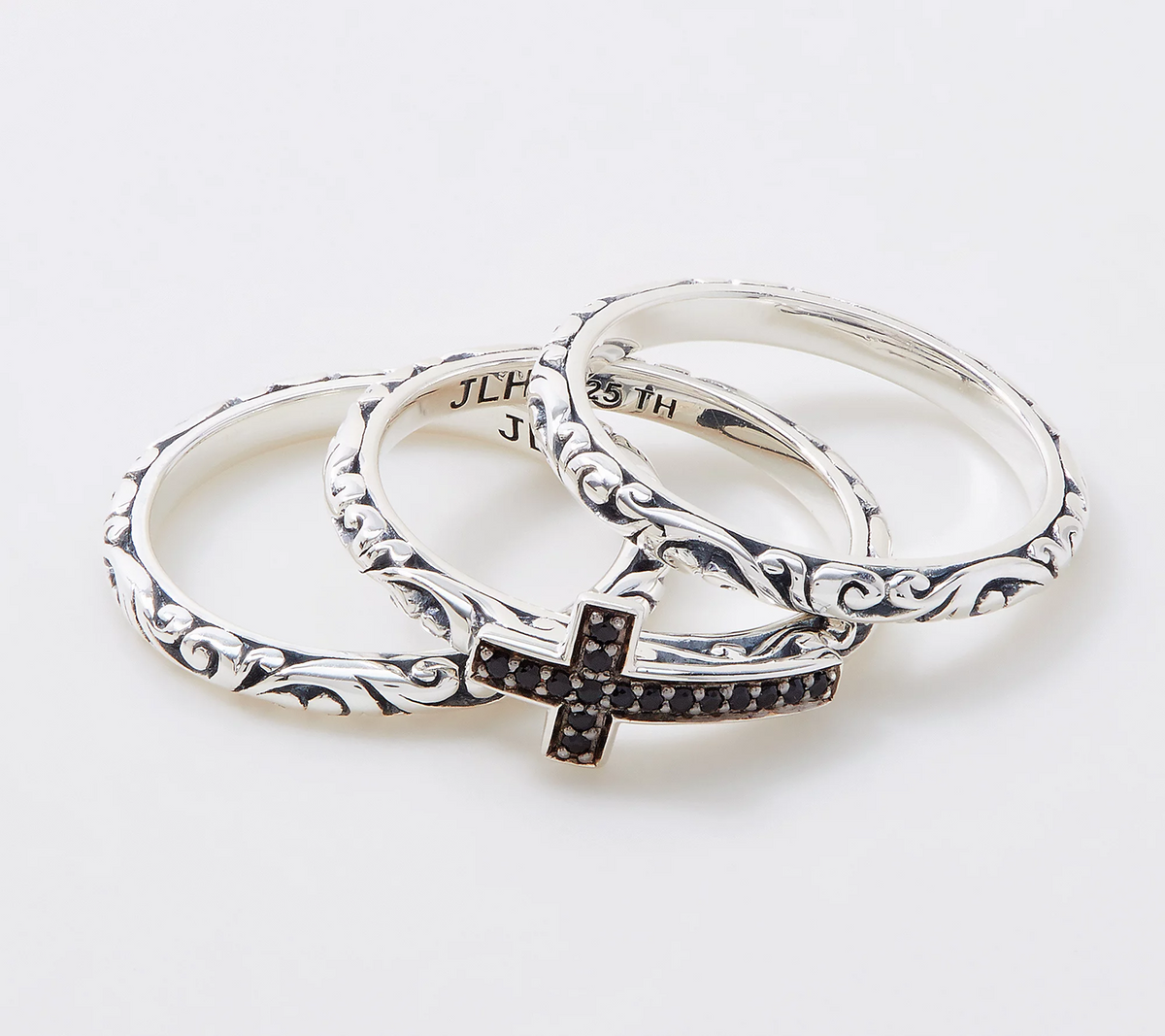 Lois Hill Sterling Silver & Black Sapphire Set of Three Stack Rings Size 7