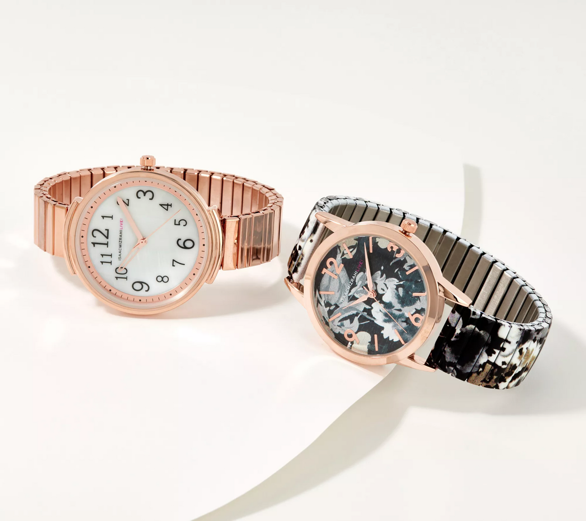Isaac Mizrahi Live! Set of 2 Rosetone Metal  & Natural  Floral Print Expansion Watches Avg