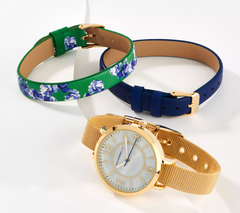 Isaac Mizrahi Live! Gold/Blue/Green Watch with Set of 3 Interchangeable Straps