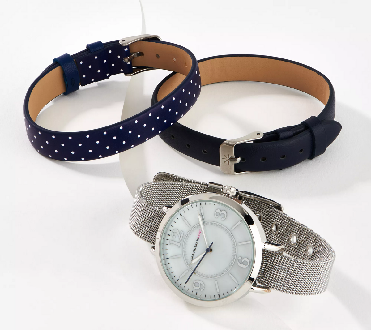 Isaac Mizrahi Live! Silver/Polka Dot Navy Watch with Set of 3 Interchangeable Straps