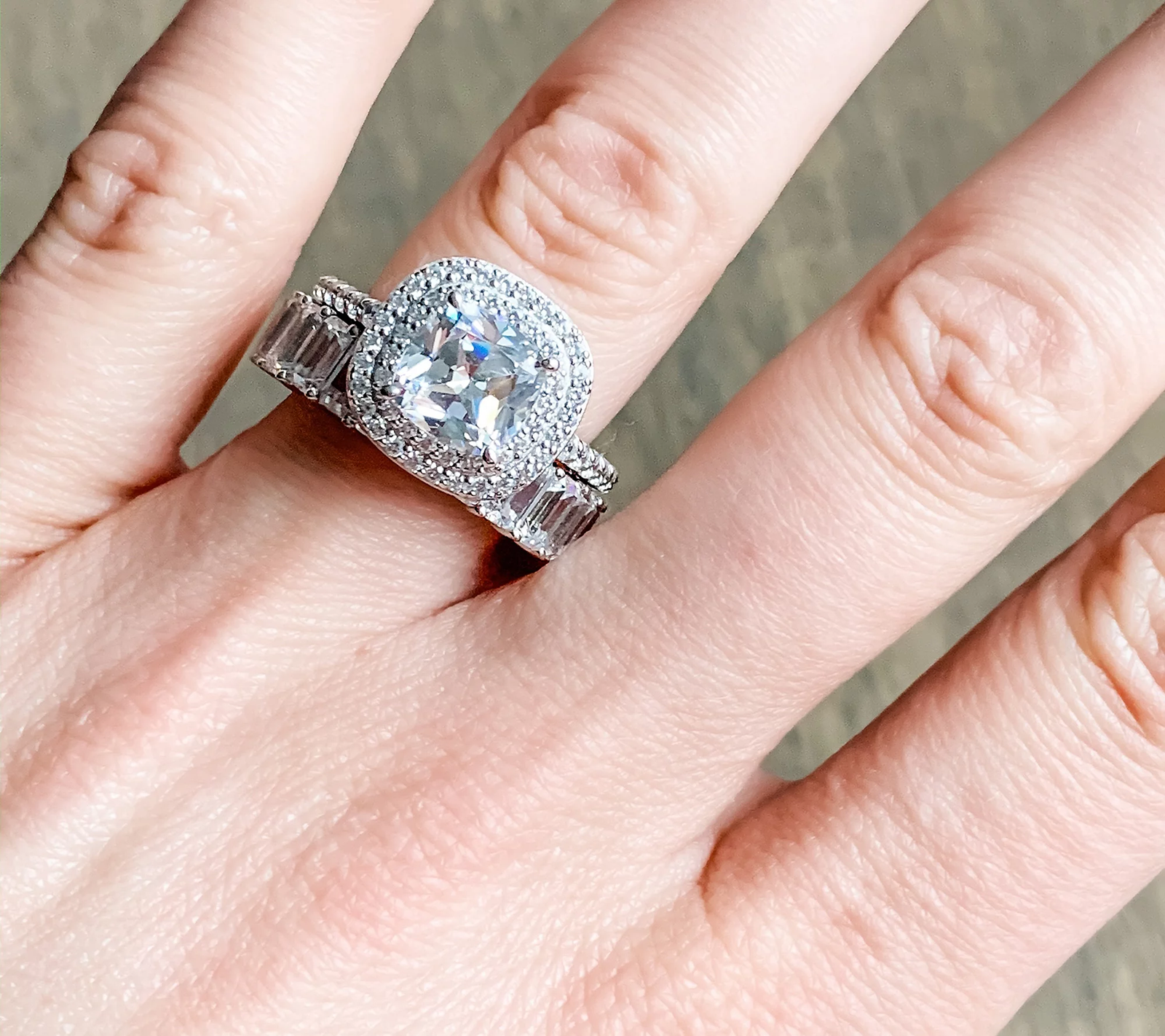 Diamonique Platinum Clad Double Halo Clear Cushion Cut Bridal Ring Size 8