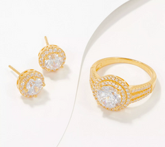 Diamonique Goldclad Round Cut Sterling Silver Bridal Ring Size 9 & Earrings Set