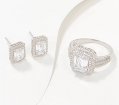 Diamonique Emarald Cut Sterling Silver Bridal Ring Size 10 & Earrings Set