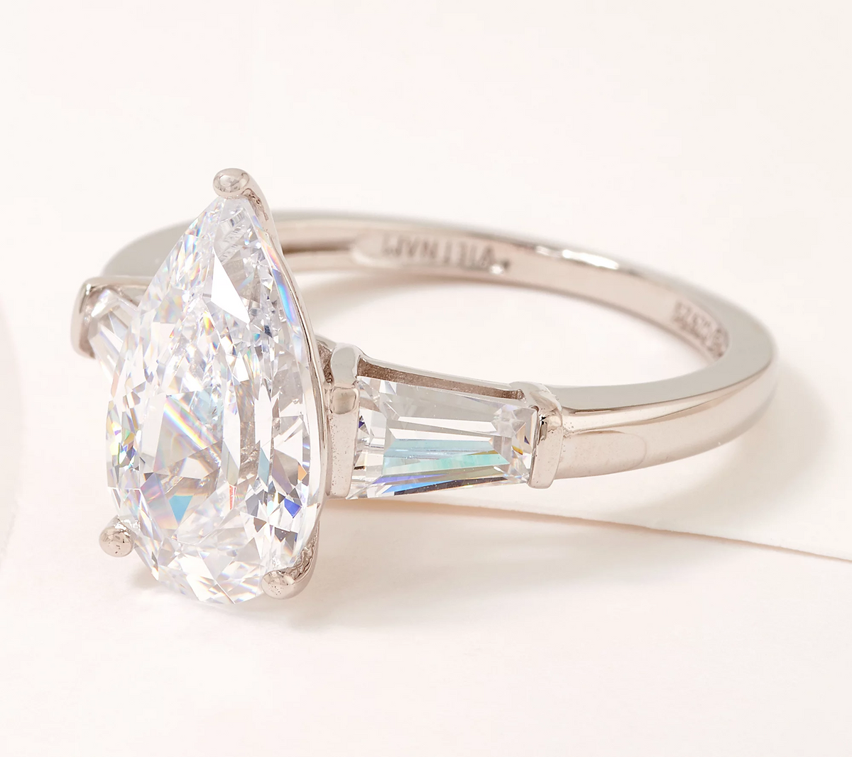 Diamonique Platinum Clad 100 Facet "The Amy Pear-Cut" Ring Size 7