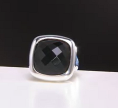 UltraFineSilver Bold Faceted Black Onyx Gemstone Solitaire Ring Size 6