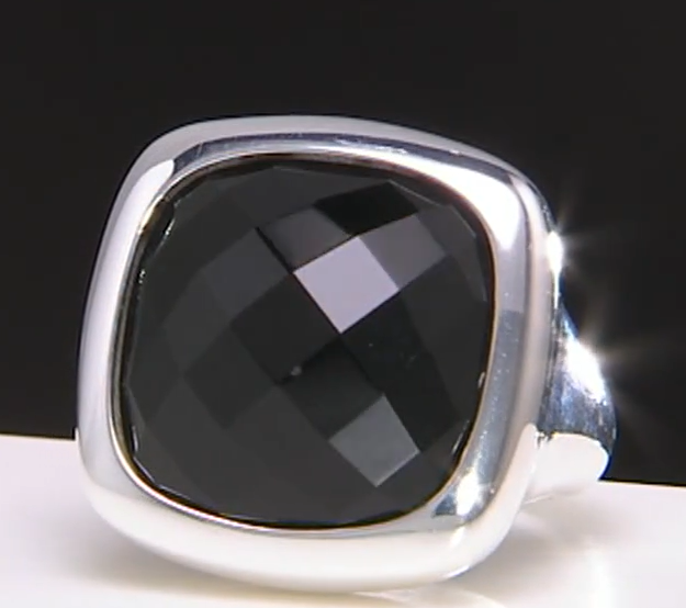 UltraFineSilver Bold Faceted Black Onyx Gemstone Solitaire Ring Size 6