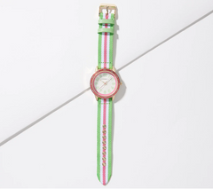 Isaac Mizrahi Live! Pink / Green Fabric Strap Stripe Sport Silver Tone Watch