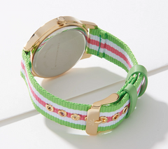 Isaac Mizrahi Live! Pink / Green Fabric Strap Stripe Sport Silver Tone Watch