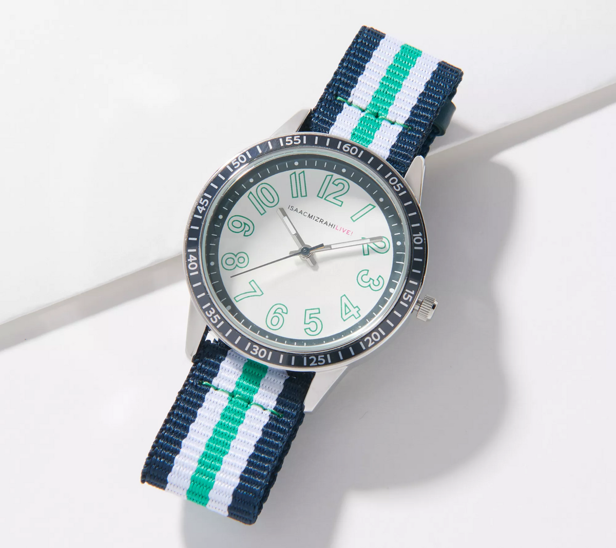 Isaac Mizrahi Live! Blue/Teal Fabric Strap Stripe Sport Silver Tone Watch